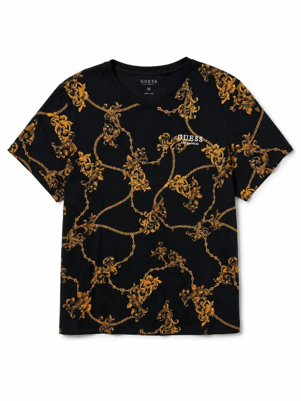 GUESS Baroque Chain Print Tee Black Gold Logo T-Shirt Size M - Picture 2 of 7